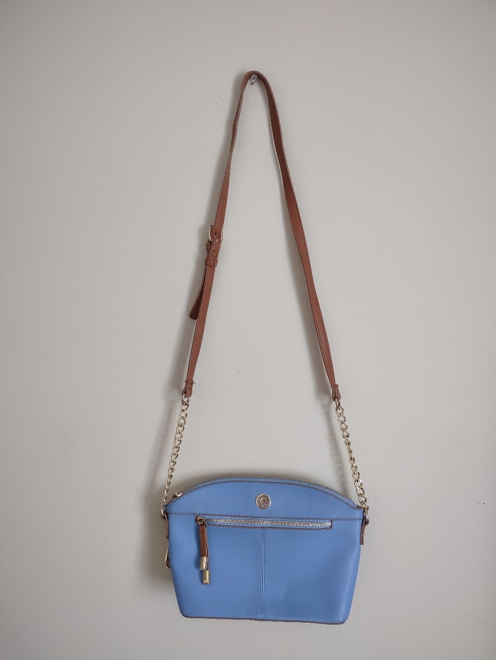 Anne Klein Blue Crossbody with Brown Strap and Gold Chain